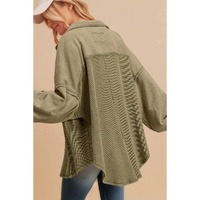 Moss Green Waffle Knit Patchwork Buttoned Oversized Shacket - L thumbnail