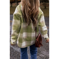 Sage Green Plaid Print Buttoned Flap Pockets Baggy Shacket - M thumbnail