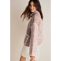 Pink Floral Print Contrast Edge Pocketed Stand Neck Jacket - M thumbnail