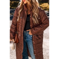 Coffee Quilted Puffer Stand Neck Zipped Mid-length Coat - L thumbnail