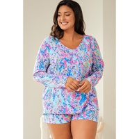 Sky Blue Plus Size Floral Print Long Sleeve and Shorts Lounge Outfit - 1X thumbnail