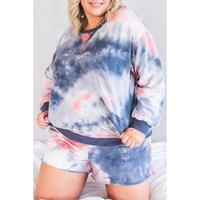 Multicolour Plus Tie Dye Ribbed Trim Top Pocketed Shorts Set - 2X thumbnail