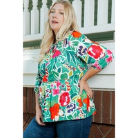 Multicolor Floral Tie Split Neck Plus Size Peplum Blouse - 2X thumbnail