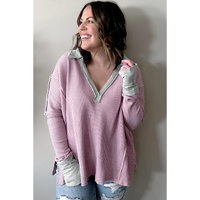 Azura Exchange Pink Plus Size Exposed Seam Waffle Knit Top - 1X thumbnail