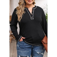 Black Plus Size Contrasting Topstitch Ribbed Henley Top - 2X thumbnail