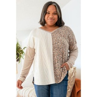 Gray Plus Size Leopard Patchwork Mix Knit Long Sleeve Top - 1X thumbnail