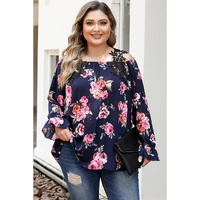 Navy Blue Plus Size Crochet Detail Cold shoulder Floral Blouse - 1X thumbnail