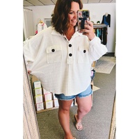 White Plus Size Long Sleeve Flap Pocket Henley Top - 2X thumbnail
