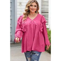 Pink Crinkle Ruffled V Neck Plus Size Blouse - 1X thumbnail