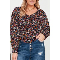 Black Plus Size V Neck Bubble Sleeve Floral Blouse - 1X thumbnail