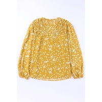 Yellow Plus Size Floral Print Ruched Split Neck Blouse - 1X thumbnail