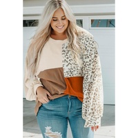 Khaki Ribbed Color Block Leopard Splicing Plus Size Top - 1X thumbnail