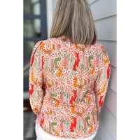 Orange Printed Floral Abstract Print Frilled V Neck Plus Size Blouse - 1X thumbnail
