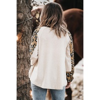 Beige Printed Plus Size Waffle Knit Contrast Leopard Long Sleeve Top - 1X thumbnail