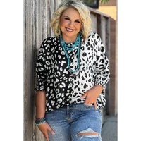 Black Plus Size Contrast Leopard Half Sleeve Blouse - 2X thumbnail