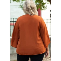 Gold Flame Plus Size Solid Wrapped Ruffled Sleeve V Neck Blouse - 1X thumbnail