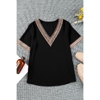 Black Lace Trim Short Sleeve V Neck Plus Size Top - 2X thumbnail