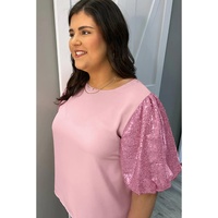 Pink Contrast Sequin Bubble Sleeve Plus Size T-shirt - 2X thumbnail