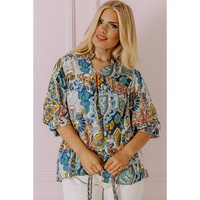 Multicolour Plus Size Floral Print Half Sleeve Slit Neck Blouse - 2X thumbnail