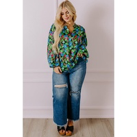 Green Plus Size Floral Bubble Sleeve V Neck Blouse - 1X thumbnail