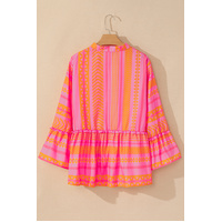Vitality Orange Plus Size Geometric Printed Bell Sleeve Babydoll Blouse - 1X thumbnail