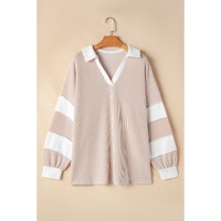 Parchment Corded Colorblock Long Sleeve Slit V Neck Plus Top - 1X thumbnail