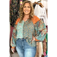 Green Floral Patchwork Lantern Sleeve Buttoned V Neck Plus Size Blouse - 2X thumbnail