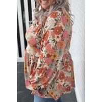 Khaki Plus Size Flower Print Square Neck Peplum Blouse - 1X thumbnail