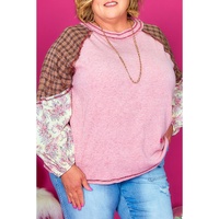 Pink Checkered Paisley Patchwork Raglan Sleeve Seamed Plus Size Top - 1X thumbnail