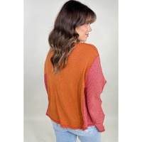 Orange Textured Knit Color Block Patchwork Chest Pocket Plus Size Top - 1X thumbnail