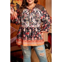 Black Plus Size Paisley Floral Print V Neck Bubble Sleeve Blouse - 3X thumbnail