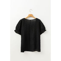 Black Floral Crochet Square Neck Ruffled Short Sleeve Flowy Plus Size Top - 1X thumbnail