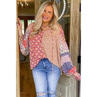 Orange Floral Geometric Patchwork Lace-up Crewneck Plus Size Blouse - 1X thumbnail