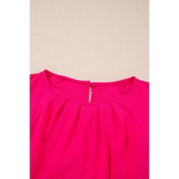 Strawberry Pink Floral Embroidered Flutter Sleeve Pleated O Neck Plus Size Blouse - 4X thumbnail