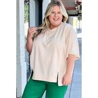 Beige Pearl Decor Crew Neck Half Sleeve Plus Size T Shirt - 2X thumbnail