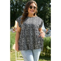 Black Leopard Print Ruffled Short Sleeve Keyhole Back Tiered Flowy Plus Size Blouse - 4X thumbnail