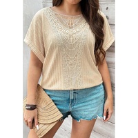 Beige Lace Crochet Patched Cable Textured Cuffed Short Sleeve Plus Size Top - 4X thumbnail
