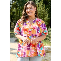 Pink Plus Size Floral Print V Neck Fit and Flare Blouse - 2X thumbnail