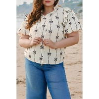 Apricot Bow Printed Ruffled Bubble Sleeve Lace-up Notched Neck Plus Size Blouse - 1X thumbnail