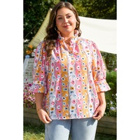 Pink Floral Ruffled Collar Bracelet Sleeve Plus Size Blouse Top - 1X thumbnail