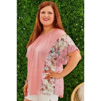 Pink Plus Size Floral Patchwork Ruffled Short Sleeve Blouse - 1X thumbnail