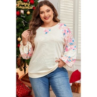 Apricot Plus Size Floral Patchwork Ribbed Puff Sleeve Top - 2X thumbnail
