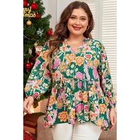 Green Floral Tied V Neck Long Sleeve Plus Size Babydoll Top - 1X thumbnail