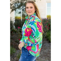 Green Abstract Printed Flounce Sleeve V Neck Buttoned Plus Size Blouse - 1X thumbnail