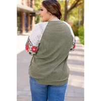 Vineyard Green Plus Size Textured Floral Patchwork Raglan Sleeve Blouse - 1X thumbnail