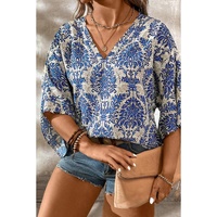 Blue Plus Size Ethnic Printed 3/4 Sleeve V Neck Loose Blouse - 2X thumbnail