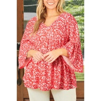 Red Plus Size Floral V Neck Flared Bracelet Sleeve Blouse - 1X thumbnail