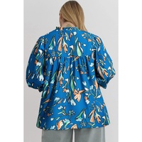 Blue Floral Notched V Neck Half Sleeve Plus Size Blouse - 2X thumbnail