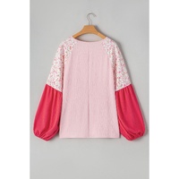 Pink Contrast Floral Patchwork Long Sleeve Plus Size Blouse - 2X thumbnail