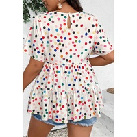 Beige Colorful Polka Dot Print Short Sleeve Ruffled Plus Size Babydoll Blouse - 1X thumbnail